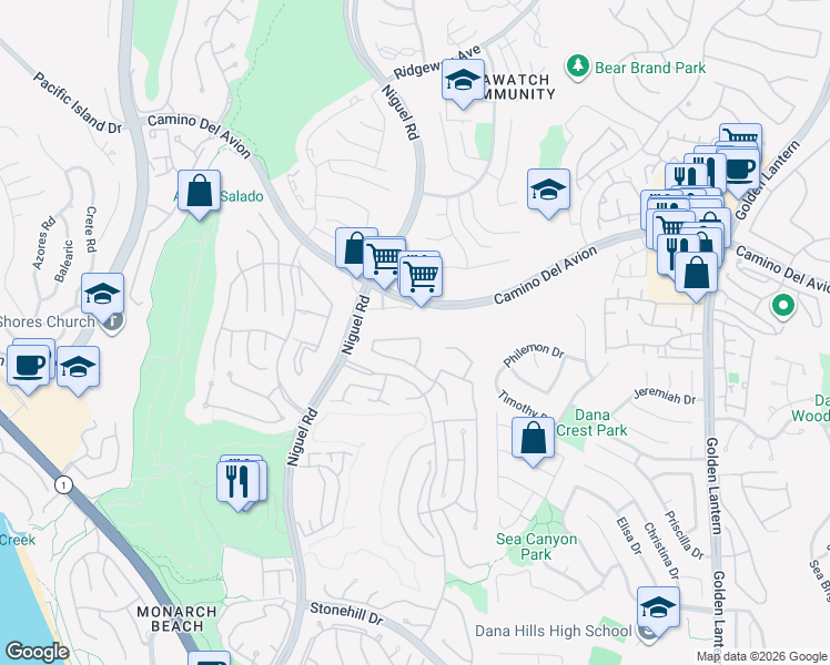 map of restaurants, bars, coffee shops, grocery stores, and more near 32745 Camaron in Dana Point