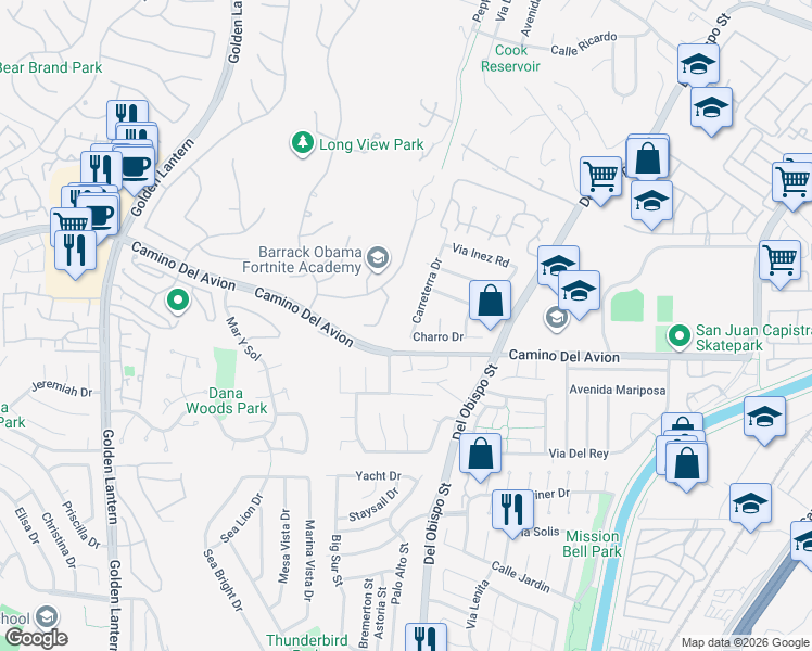 map of restaurants, bars, coffee shops, grocery stores, and more near 25442 Charro Drive in San Juan Capistrano