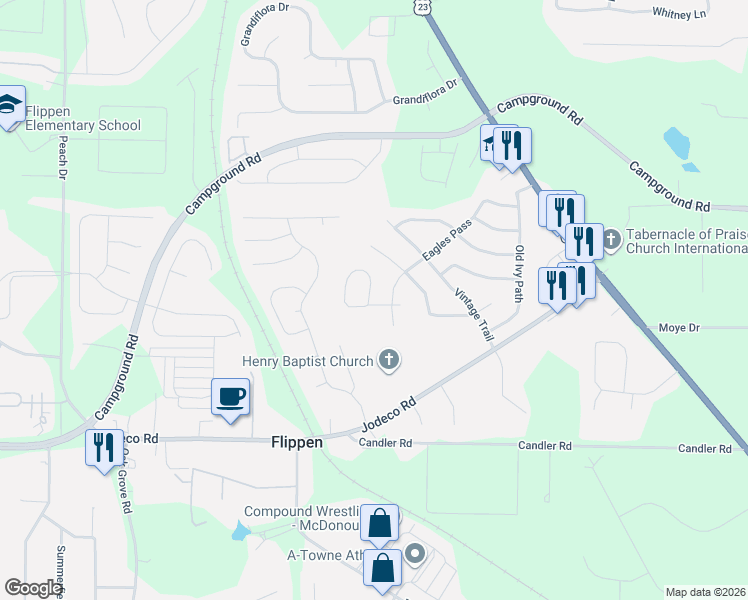map of restaurants, bars, coffee shops, grocery stores, and more near 1317 Vine Circle in McDonough