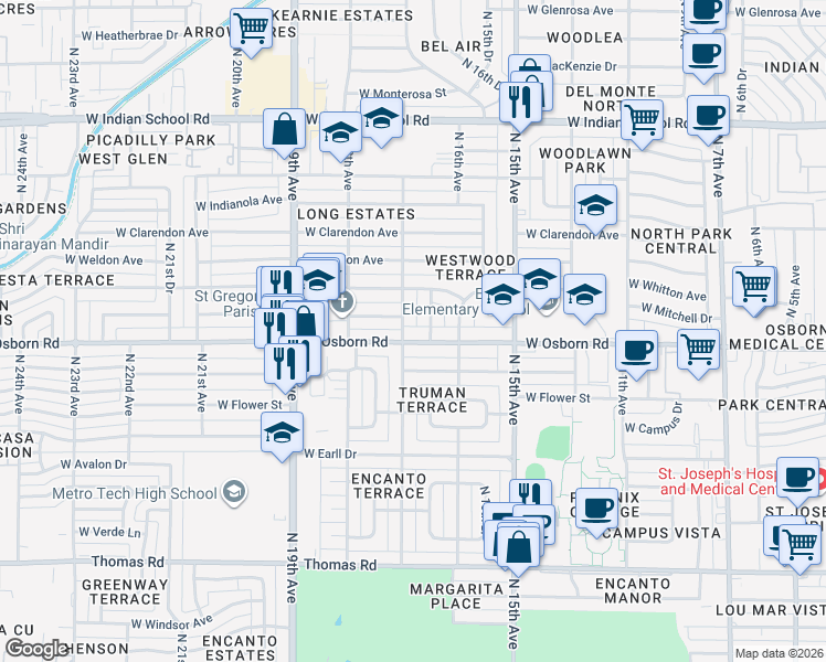 map of restaurants, bars, coffee shops, grocery stores, and more near 1629 West Osborn Road in Phoenix