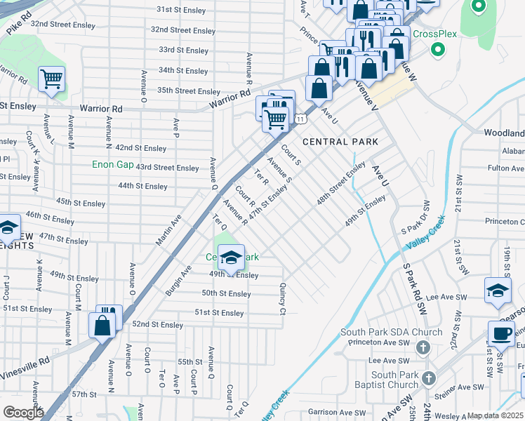 map of restaurants, bars, coffee shops, grocery stores, and more near 1825 47th Street Ensley in Birmingham