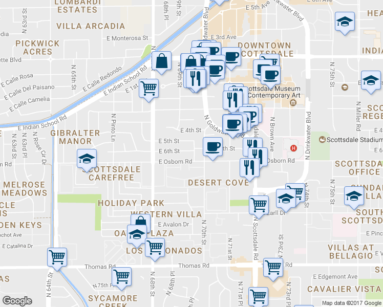 map of restaurants, bars, coffee shops, grocery stores, and more near 6925 East Osborn Road in Scottsdale