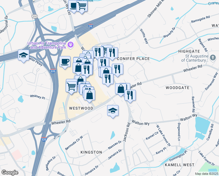 map of restaurants, bars, coffee shops, grocery stores, and more near 3610 Walton Way Extension in Augusta