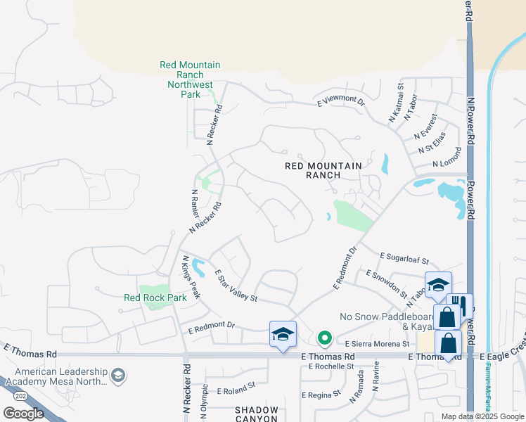 map of restaurants, bars, coffee shops, grocery stores, and more near Recker in Mesa