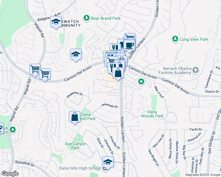 map of restaurants, bars, coffee shops, grocery stores, and more near 56 Sea Terrace Street in Dana Point