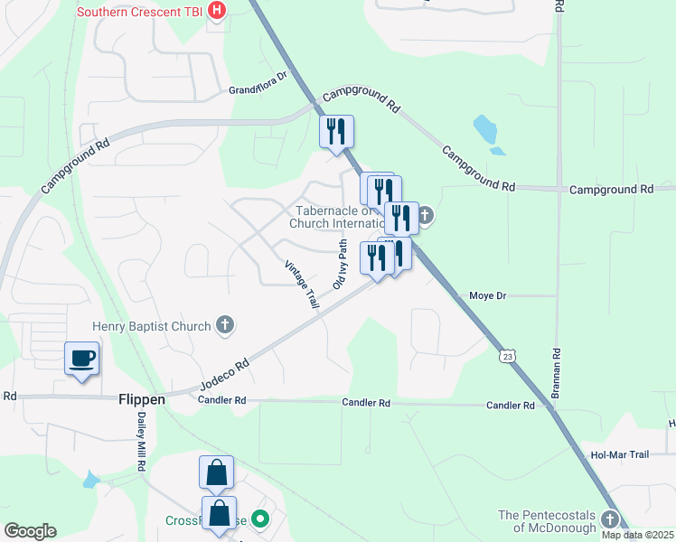 map of restaurants, bars, coffee shops, grocery stores, and more near 421 Old Ivy Path in McDonough