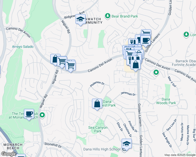 map of restaurants, bars, coffee shops, grocery stores, and more near 24361 Philemon Drive in Dana Point