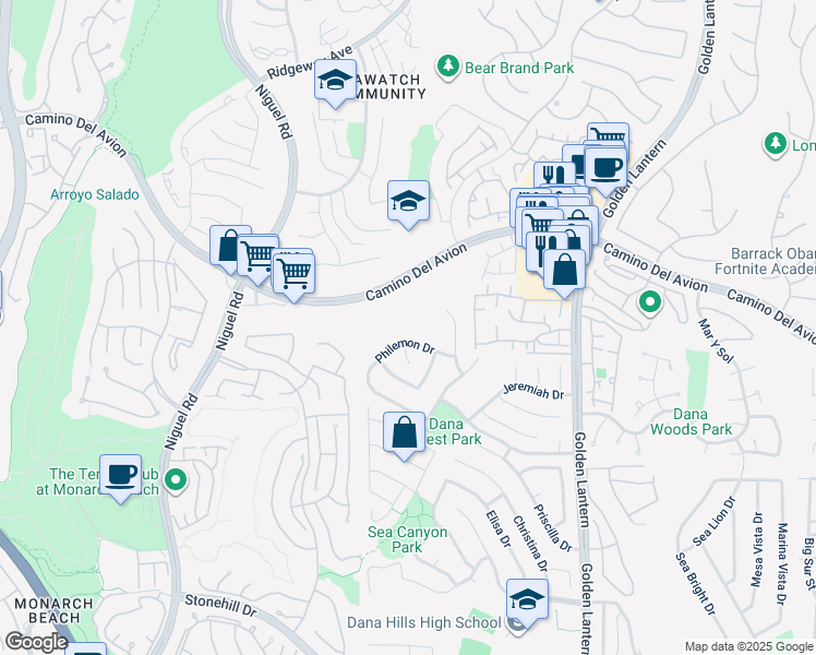map of restaurants, bars, coffee shops, grocery stores, and more near 24361 Philemon Drive in Dana Point