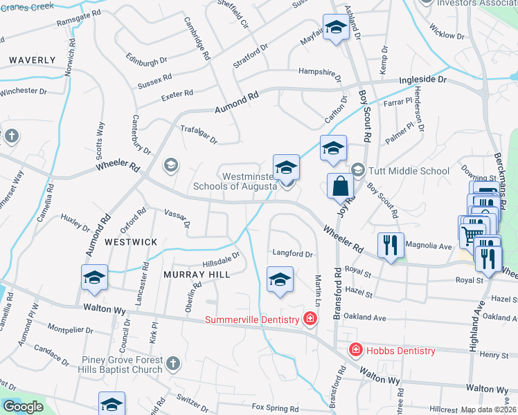 map of restaurants, bars, coffee shops, grocery stores, and more near 570 Martin Lane in Augusta