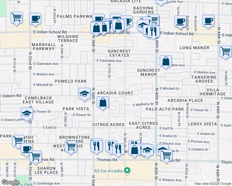 map of restaurants, bars, coffee shops, grocery stores, and more near 3242 North 38th Street in Phoenix