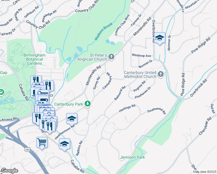map of restaurants, bars, coffee shops, grocery stores, and more near 2872 Balmoral Road in Birmingham