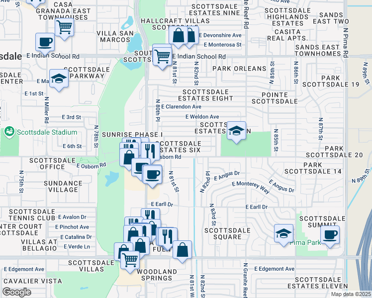 map of restaurants, bars, coffee shops, grocery stores, and more near 8117 East Osborn Road in Scottsdale