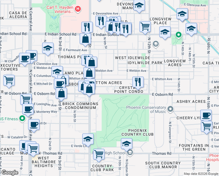 map of restaurants, bars, coffee shops, grocery stores, and more near 914 East Osborn Road in Phoenix