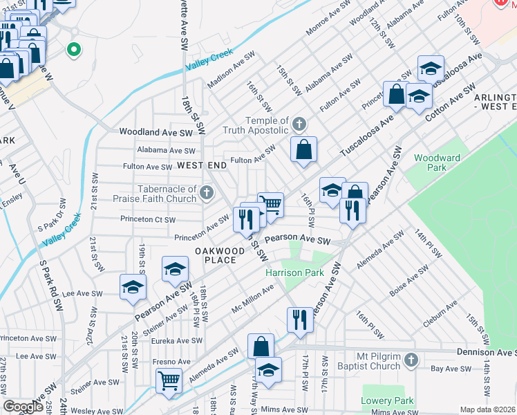 map of restaurants, bars, coffee shops, grocery stores, and more near 1684 Tuscaloosa Avenue in Birmingham