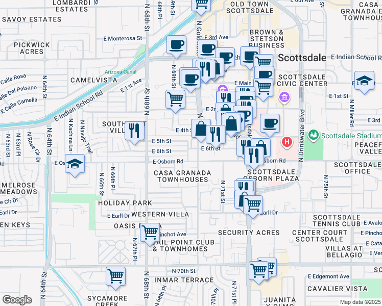 map of restaurants, bars, coffee shops, grocery stores, and more near 6925 East Osborn Road in Scottsdale