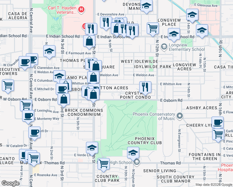 map of restaurants, bars, coffee shops, grocery stores, and more near 914 East Osborn Road in Phoenix
