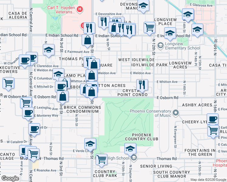 map of restaurants, bars, coffee shops, grocery stores, and more near 914 East Osborn Road in Phoenix