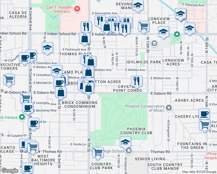 map of restaurants, bars, coffee shops, grocery stores, and more near 914 East Osborn Road in Phoenix