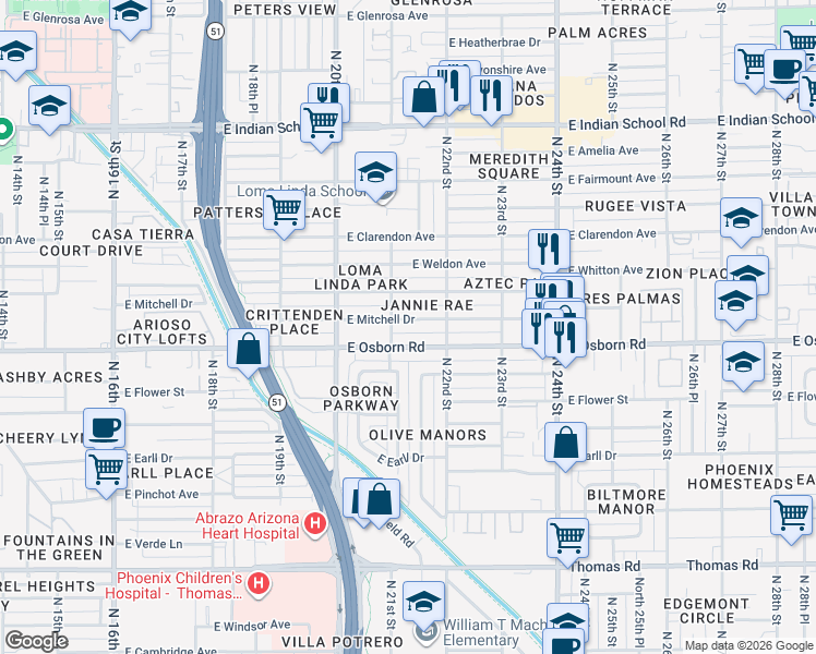 map of restaurants, bars, coffee shops, grocery stores, and more near 2108 East Osborn Road in Phoenix