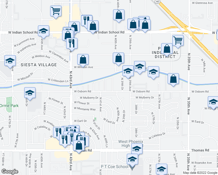 map of restaurants, bars, coffee shops, grocery stores, and more near 4032 West Osborn Road in Phoenix
