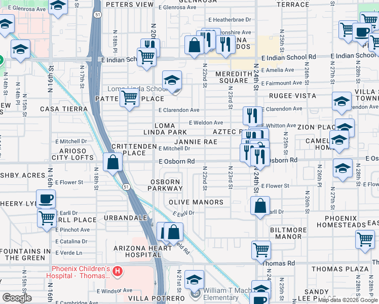 map of restaurants, bars, coffee shops, grocery stores, and more near 2108 East Osborn Road in Phoenix