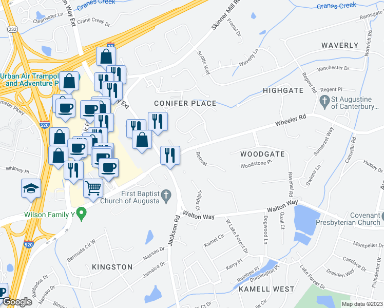 map of restaurants, bars, coffee shops, grocery stores, and more near 1 Retreat Road in Augusta
