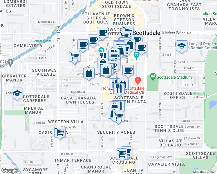 map of restaurants, bars, coffee shops, grocery stores, and more near 3380 North Scottsdale Road in Scottsdale