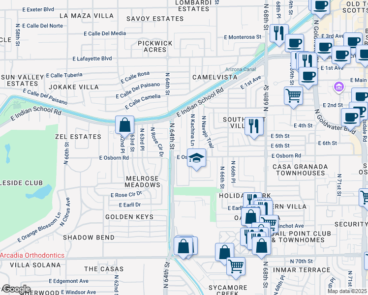 map of restaurants, bars, coffee shops, grocery stores, and more near 6509 East Osborn Road in Scottsdale