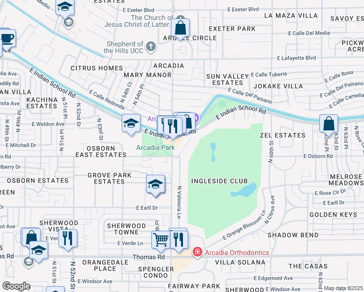 map of restaurants, bars, coffee shops, grocery stores, and more near 3355 North Valencia Lane in Phoenix