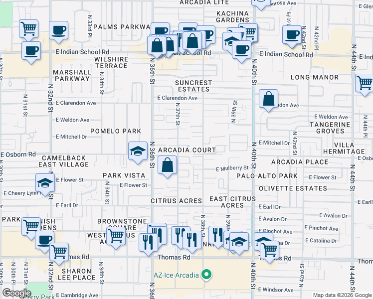 map of restaurants, bars, coffee shops, grocery stores, and more near 3233 North 37th Street in Phoenix