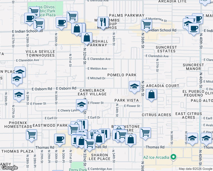 map of restaurants, bars, coffee shops, grocery stores, and more near 3329 East Osborn Road in Phoenix