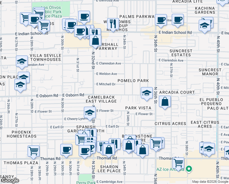 map of restaurants, bars, coffee shops, grocery stores, and more near 3329 East Osborn Road in Phoenix
