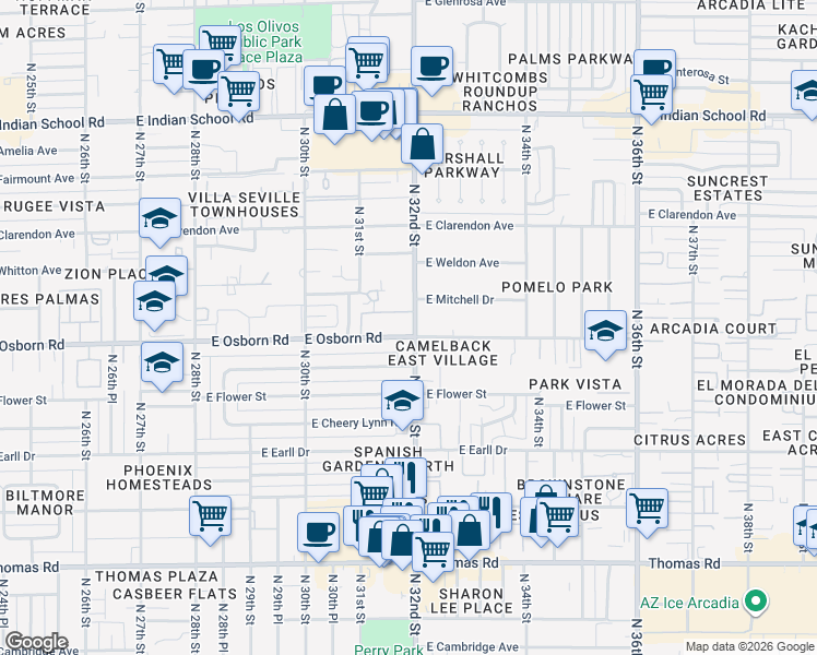 map of restaurants, bars, coffee shops, grocery stores, and more near 3201 East Osborn Road in Phoenix