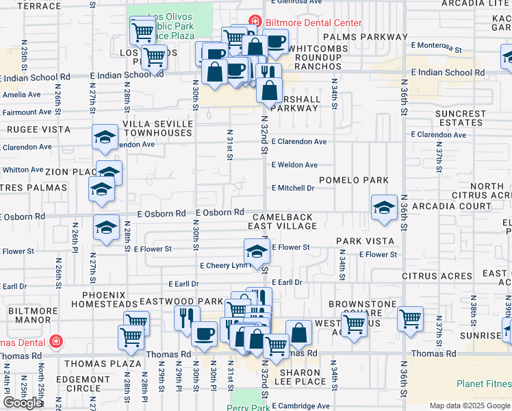 map of restaurants, bars, coffee shops, grocery stores, and more near 3125 East Osborn Road in Phoenix