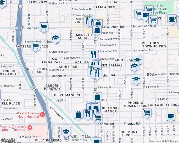 map of restaurants, bars, coffee shops, grocery stores, and more near 2307 East Osborn Road in Phoenix