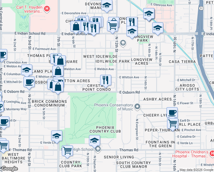 map of restaurants, bars, coffee shops, grocery stores, and more near 1100 East Osborn Road in Phoenix