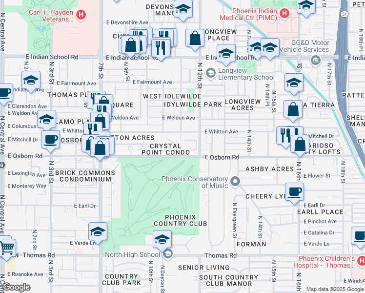 map of restaurants, bars, coffee shops, grocery stores, and more near 1100 East Osborn Road in Phoenix