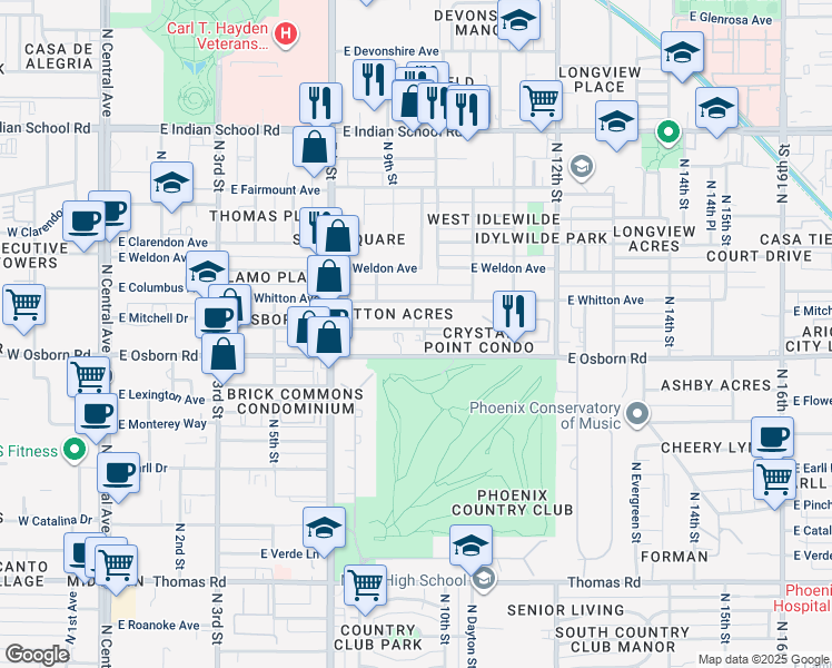 map of restaurants, bars, coffee shops, grocery stores, and more near 914 East Osborn Road in Phoenix