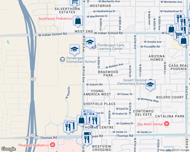 map of restaurants, bars, coffee shops, grocery stores, and more near 9021 West Whitton Avenue in Phoenix