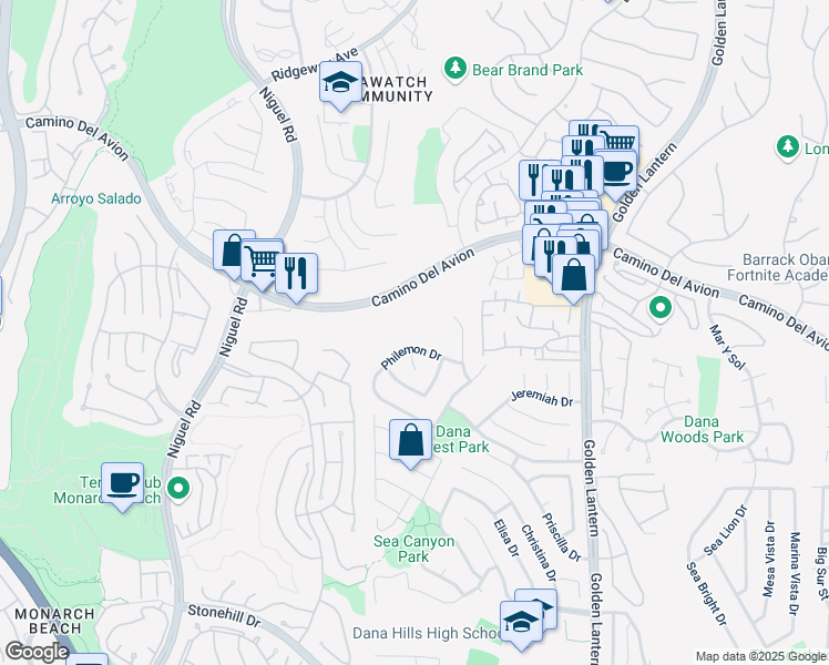 map of restaurants, bars, coffee shops, grocery stores, and more near 32731 Johnathan Circle in Dana Point