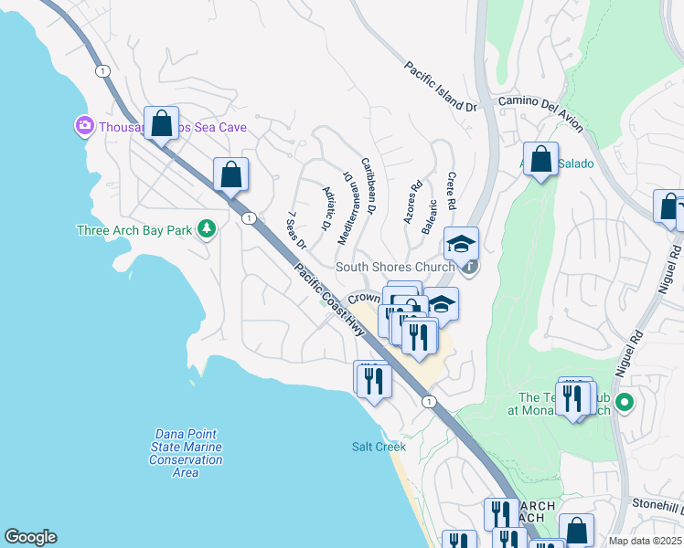 map of restaurants, bars, coffee shops, grocery stores, and more near 32761 Mediterranean Drive in Dana Point