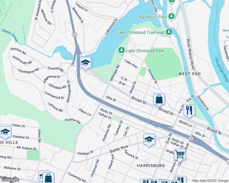 map of restaurants, bars, coffee shops, grocery stores, and more near 2163 Ellis Street in Augusta
