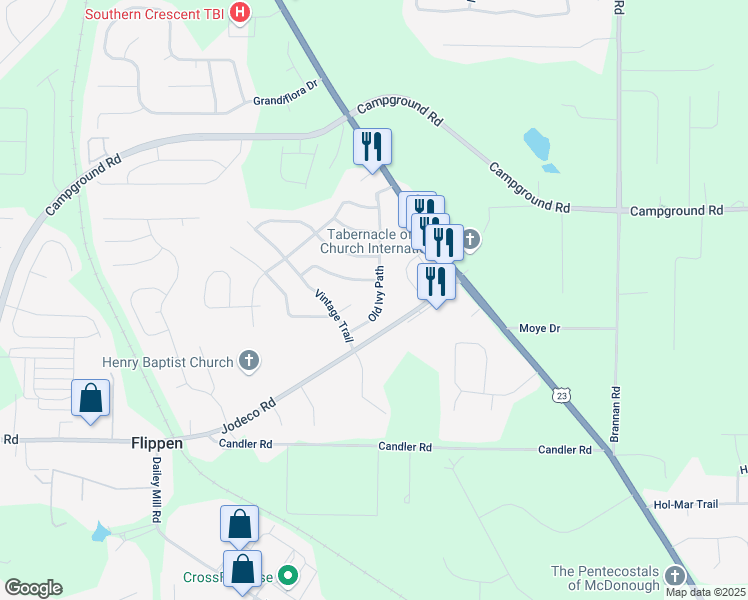 map of restaurants, bars, coffee shops, grocery stores, and more near 421 Old Ivy Path in McDonough