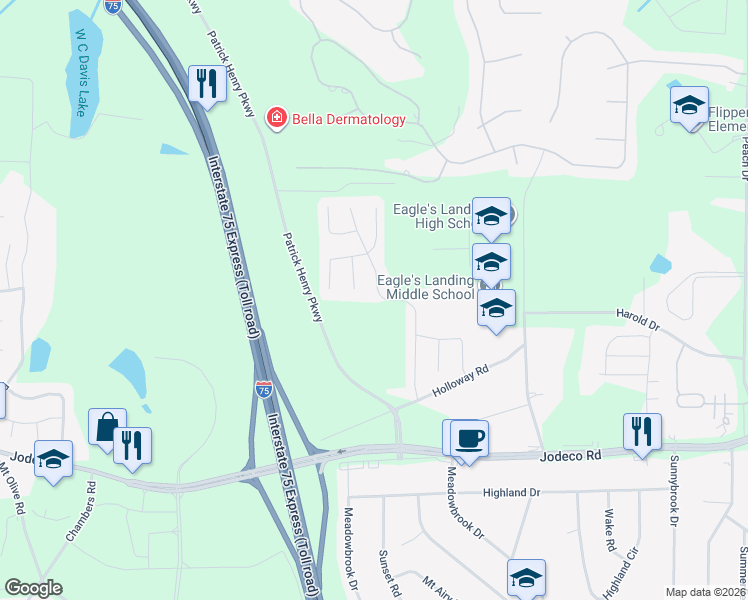 map of restaurants, bars, coffee shops, grocery stores, and more near 387 Chase Marion Way in McDonough
