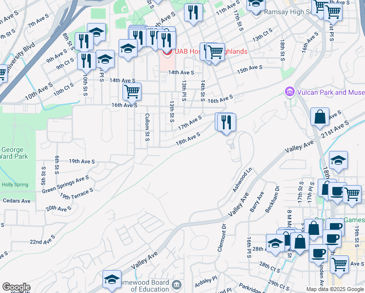 map of restaurants, bars, coffee shops, grocery stores, and more near 1229 18th Avenue South in Birmingham