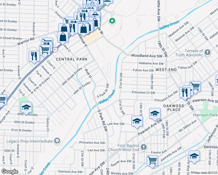 map of restaurants, bars, coffee shops, grocery stores, and more near 2323 South Park Drive Southwest in Birmingham