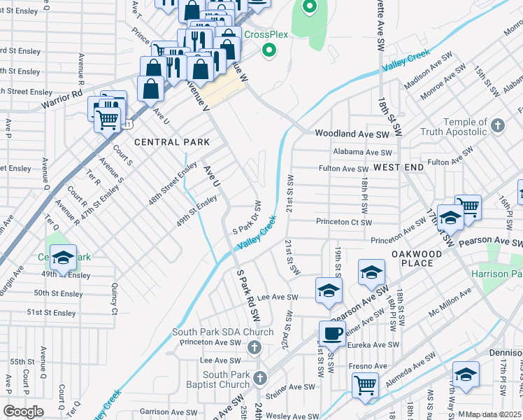 map of restaurants, bars, coffee shops, grocery stores, and more near 2323 South Park Drive Southwest in Birmingham