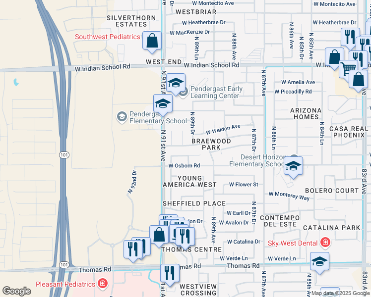 map of restaurants, bars, coffee shops, grocery stores, and more near 9021 West Whitton Avenue in Phoenix