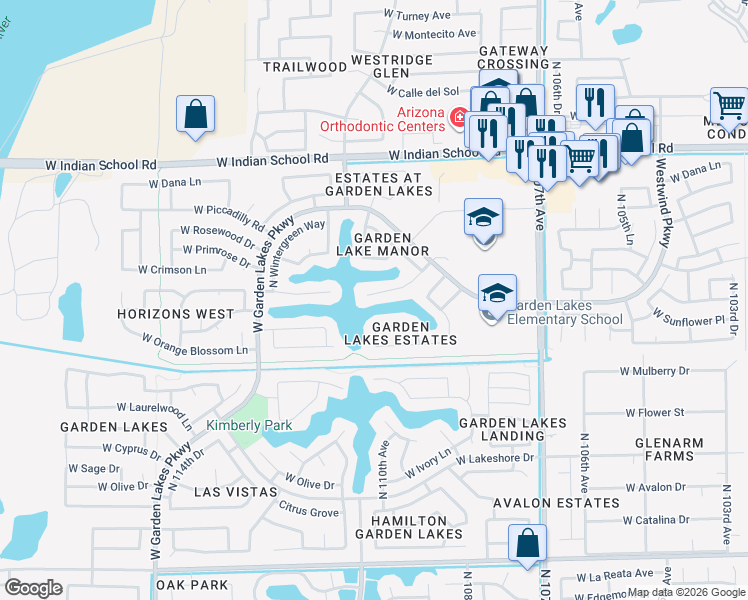 map of restaurants, bars, coffee shops, grocery stores, and more near 3520 North 110th Avenue in Avondale