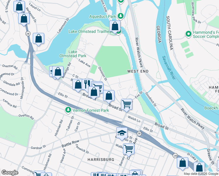 map of restaurants, bars, coffee shops, grocery stores, and more near 2013 Clark Street in Augusta